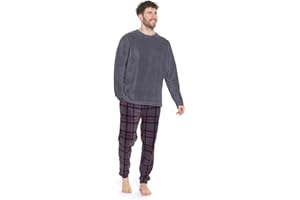 GM Apparel Men's Fleece Pyjama Set | Winter Warm PJs Nightwear, Sleepwear Loungewear | Super Soft Cosy Plain Top & Checked 2 Piece Bottoms Set - Gifts for Men