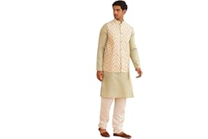 Sojanya (Seit 1958 Herren Seidenmischung, selbstdesignt, Pista Green Kurta mit Pyjama und cremefarbener Nehru-Jacke