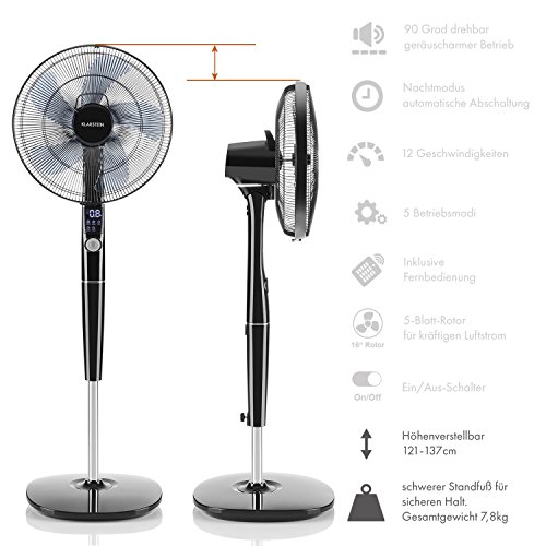 Klarstein • Silent Storm • Ventilator • Standventilator • mit Fernbedienung • leise • 5-Blatt-Rotor • 16″ (41cm) Durchmesser • 5 Betriebsmodi • Drehregler • energiesparend • 35 Watt • 12 Geschwindigkeiten • 12 Stunden-Timer • stabiler Fuß • schwarz - 6