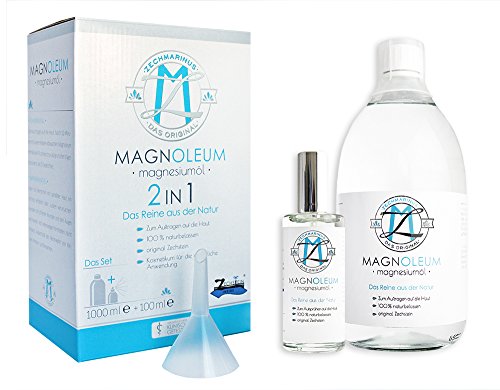 Magnesiumöl original Zechstein MAGNOLEUM Set 100 ml Spray + 1000 ml Glas-Flasche zum Nachfüllen mit Trichter – dermatologisch klinisch getestet – Magnesium-Öl-Spray – Magnesium Oil – Zechsteinmeer Magnesiumchlorid - 2
