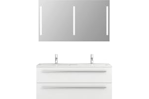 Sieper I Doppelwaschtisch mit Unterschrank 120 x 50 cm und Spiegel mit Beleuchtung, Badmöbel Set Libato I Weiß