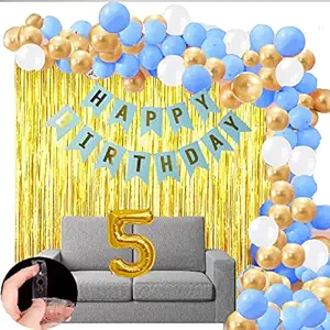 5 Year Birthday Decorations for Boys Girls 63 Pcs Combo Kit 20 Blue 20 Golden 20 White Balloon 1 Bdy Banner Items Happy Bdy 1 Pcs No. Foil Balloon 1 Pcs Golden Foil Curtrain 1 pcs Arc Tape