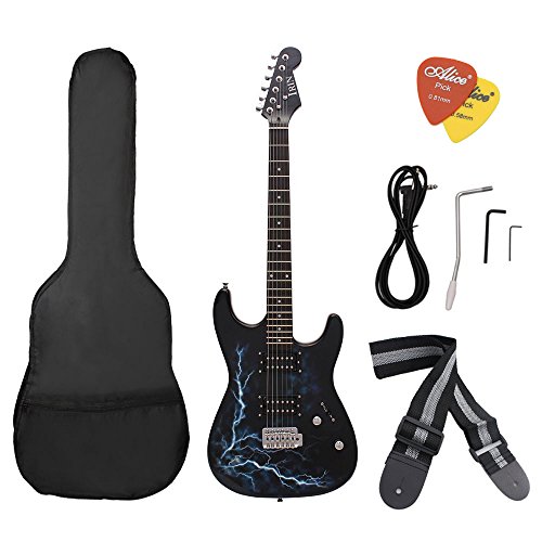 Preisvergleich Produktbild ammoon Doppel Tonabnehmer E-Gitarre Lindenholz Körper Palisander abkühlen Blitzschlag Schaffung mit Gig Bag Picks für Anfänger schwarz