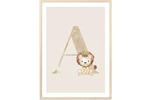 MeinBaby123® Poster con Lettere, Formato DIN A4, per Cameretta dei Bambini, Decorazione, Immagini, Poster con Lettera Iniziale A (Leone, A)