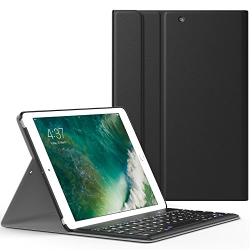 MoKo Neu iPad 9.7 Zoll 2017 Bluetooth Tastatur Hülle - PU Leder Tasche Schutzhülle mit abnehmbarer Wireless Bluetooth Keybord Case QWERTY Layout für Apple New iPad 9.7 Inch 2017 Tablet, Schwarz