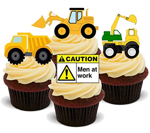 Preisvergleich Produktbild Baumaschinen Bagger Mischung Mix 2 - 12 essbare Standup Kuchen-Deko, Kuchendekorationen, essbar, Premium, 2 x A5, für 12 Bilder, nicht vorgeschnitten