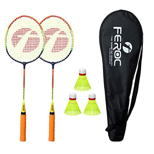 FEROC Aluminium Badminton Racket Set of 2 With 3 Pieces Feather Shuttles With Full Cover Fulfilled By Amazon. (Multicolor)