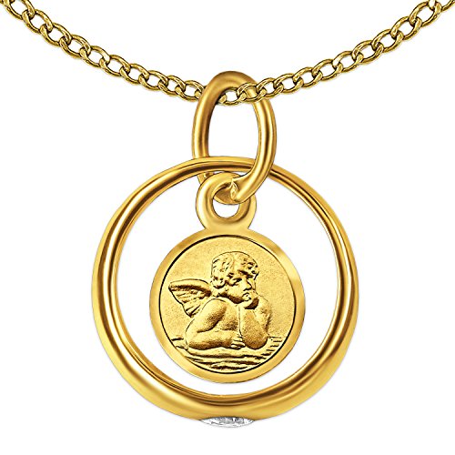 CLEVER SCHMUCK Set Goldener Kleiner Taufring Engel rund mit Zirkoniastein glänzend und Kette Weitpanzer 34 cm, beides 333 Gold 8 Karat im Etui