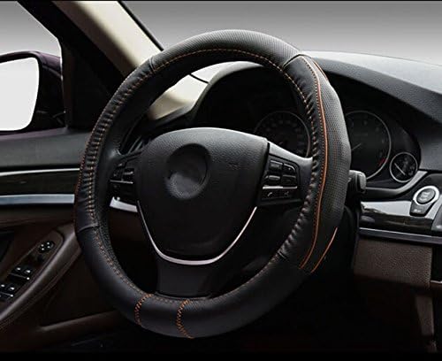Hivel Luxury Sport Anti Slip Genuine Leather Car Steering Wheel Cover Universal Breathable Auto Real Leather Steering Wheel Cover 38cm - Orange Line