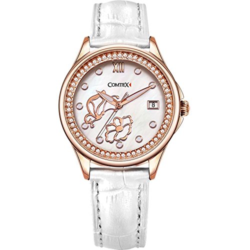 Comtex Modische Damen-Armbanduhr Quarz mit Weiß Zifferblatt Weiß Lederband Armbanduhr Wasserdicht Comtex Modische Damen-Armbanduhr Quarz mit Weiß Zifferblatt Weiß Lederband Armbanduhr Wasserdicht
