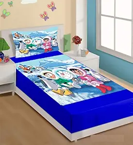 THE HOME STYLE 3D Doraemon Family Digital Print Velvet Single Bed Bedsheet with Pillow Cover- Blue