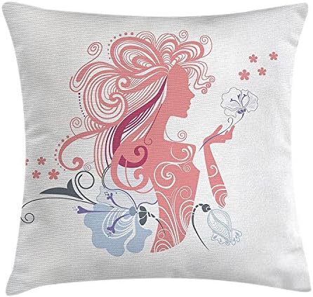 Girls Decor Throw Pillow Cushion Cover, Silhouette of Sexy Lady and Flowers Muse of Nature Fashion Glamour Image, Decorative Square Accent Pillow Case, Light Pink Blue
