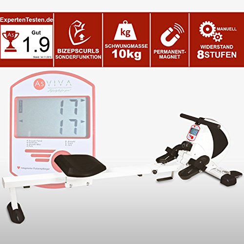 AsVIVA RA8 Rower Cardio Viii Inkl.Fitnesscomputer und Pulsempfänger mit 10kg Schwungmasse Sowie 8 Manuellen Widerstandsstufen und Klappbar Rudergerät, Weiß/Schwarz, One Size