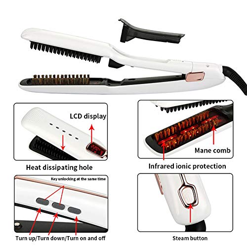 Electric Hair Straightener Brush  2-In-1 Ionic Straightening Brush Vapor Straightener Iron With Anti-Scald Feature  Auto Temperature Lock And Auto-Off Function  White 