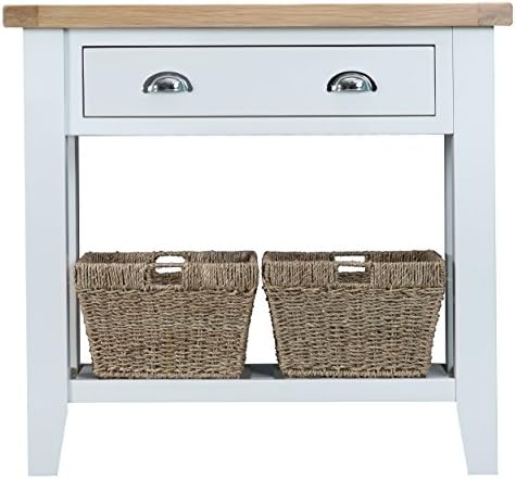 Stratford White Painted Console Table / Contemporary Hallway Table with Chunky Oak Top / With Wicker Basket Drawers