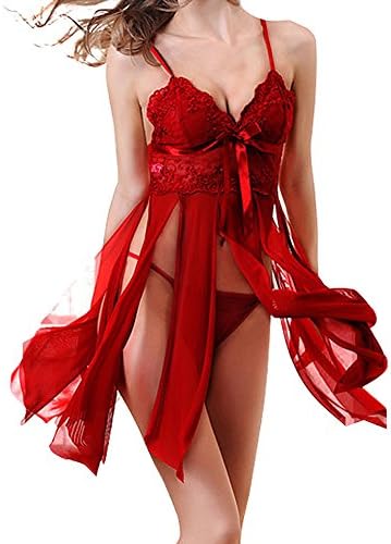 Sexy Lingerie, Surwin Babydoll Deep V Neck Sling Transparent Underwear Nightwear Lingerie with G-String (M, Red)
