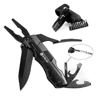 Bibury Pince Multifonction, Bibury 5 en 1 Couteau Pliant Outil Couteaux Multifonctions Couteau de Poche Survie en Acier inoxydable pour Activités Extérieures, Camping Pêche Randonnée et Etc. - Noir