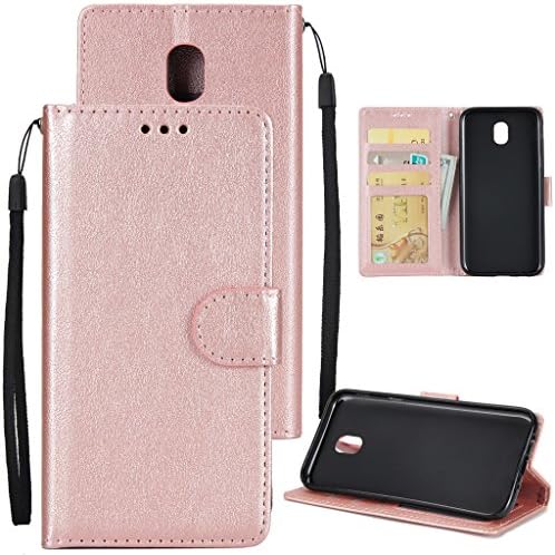 Samsung Galaxy J330/J3 2017 Wallet Leather Case Cover -MOONESS(TM) Embossing Fashion Floral Countryside PU Leather Magnetic Flip Cover Card Holders &amp; Hand Strap Case(RoseGold)