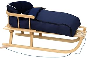 RGVERTRIEB Holzschlitten Kinderschlitten Rodelschlitten Schlitten Klassischer aus Buchenholz mit Rückenlehne mit Winterfußsack aus Holz 90cm Zugleine | 10 Farben