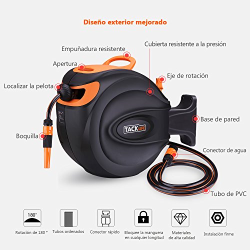 Carrete para Manguera con Manguera de Riego de 20+2m Tacklife GHR1A Encogimiento Lento, Bloqueo Fácil con Pistola de Pulverización, Accesorios de Pared Conector de Manguera