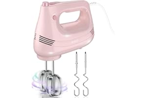 GUALIU Electric Hand Mixer with Stainless Steel Whisk, Dough Hook, Electric Hand Stirrer, Turbo Boost / 5 Speed, Hand Mixer for Baking Cakes, Eggs, Cream, Food Mixer (Pink)