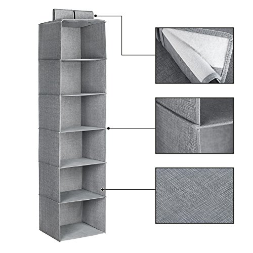Songmics Hänge-Aufbewahrung mit 2 Klettband 30 x 130 x 30 cm Hängeregal Organizer für Kleiderschrank 6 Regalfächer + 2 Klammern grau RCH06G - 6