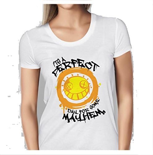 MagnetsandHangers Womens 'It's A Perfect Day For Mayhem' Overwatch Junkrat - White T-Shirt (S upto Chest 30'')