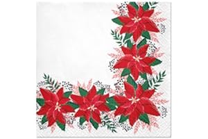 PAW DECOR COLLECTION 3-PLY Traditional Xmas Tissue Paper Napkins 33cm x 33cm Serviettes - Pack of 20 (Lovely Poinsettia)