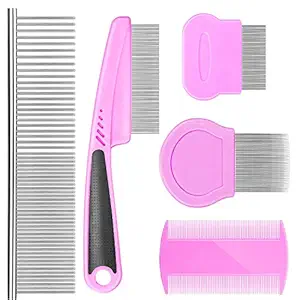 BENSEAO Flea Comb for Dogs Cat Comb Lice Comb Metal Tear Stain Dog Combs Pet Comb Grooming Set 5 Pieces Teeth Durable Remove Float Hair Combing Tangled Hair Dandruff Add Storage Pouch (Pink) (Pink)