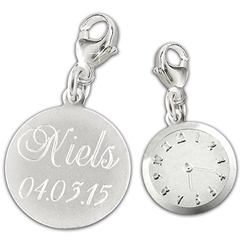 CLEVER SCHMUCK mit Gravur: Silberner Charmanhänger Uhr zur Geburt eines Kindes matt und glänzend STERLING SILBER 925 mit Etui