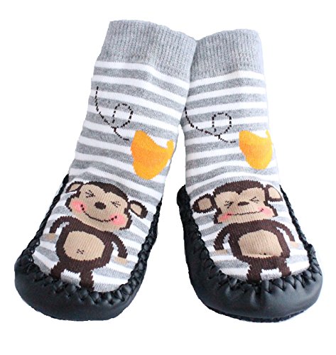 Baby Boys Girls Moccasins NON-SKID Indoor Shoes Socks STRIPED GREY MONKEY (3-9 MTHS)