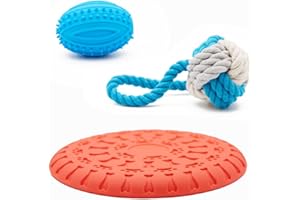 KÁNIDA 3 Juguetes Perro,Juguetes interactivos,Frisbee para Perro Disco Volador,Caucho Natural no Tóxico,Pelota Cuerda Perro Mordedor,Juguete Masticar,Juguete Perro con Sonido (Pack Disco Volador Naranja)