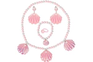 BBXWANG Pink Jewelry Set for Girls Women, Pink Shell Pearl Pendant Necklace Earrings Pink Beads Bracelet, Costume Dress Up Accessories