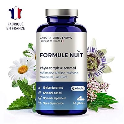 Laboratoires Enova FORMULE NUIT | Complément alimentaire pour dormir | 60 nuits de sommeil naturel | Fabriqué en France | 1.9mg Mélatonine + phyto-complexe 100% naturel : Valériane, Mélisse, Camomille, Passiflore