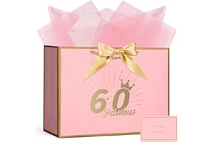 AOOSU Birthday Gift Bag, 32*22*10cm 60th Birthday Party Gifts Bag with Greeting Handles and 3 Wrappers and 1 Cards, Luxury Paper Bags with Handles for Girls Womens Wedding Party Christmas Valentines