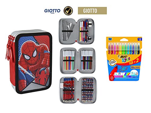 Plumier estuche cremallera triple 3 pisos Spiderman 42 piezas contenido Giotto + REGALO 12 Rotuladores BIC Kids