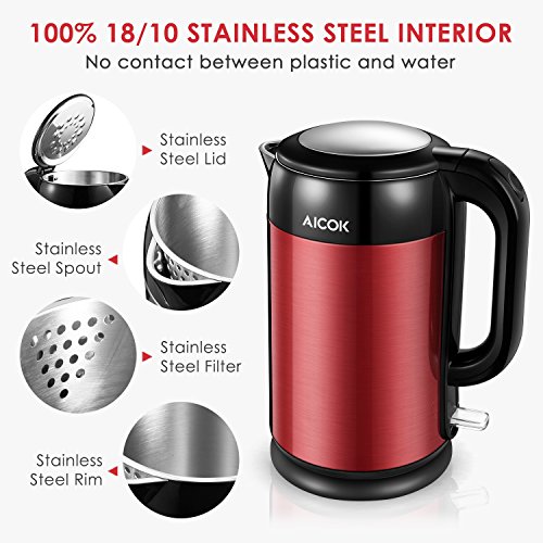 Aicok Wasserkocher, Voll Wasserkocher Edelstahl, Doppelwandig, Verbrühschutz, Auto Abschaltung, BPA frei, 2200 Watt, 1,7 Liter Rot - 2