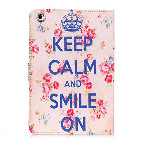 iPad mini 2 Lederhülle – Felfy Slim Full Body Keep Calm and Smile Flower Muster PU Case Cover Etui Schutz Hülle Tasche für Apple ipad mini 3 mini 2 mini 1 + 1x Pink Blume Anti Stöpsel + 1x Rosa Stylus - 2