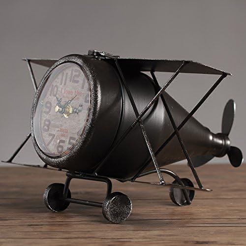 American style Retro Iron Aircraft model Tabletop clock Mute Desktop Decoration 31*23*18cm , black