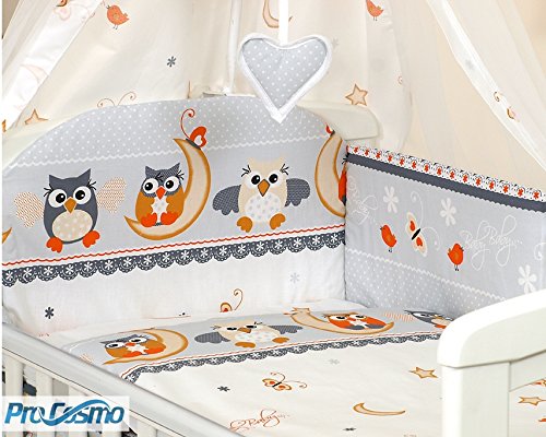 10 PCS BEDDING SET BABY COT BED/COT QUILT BUMPER CANOPY +HOLDER (to fit cot size 120x60cm, Grey & White Owls)