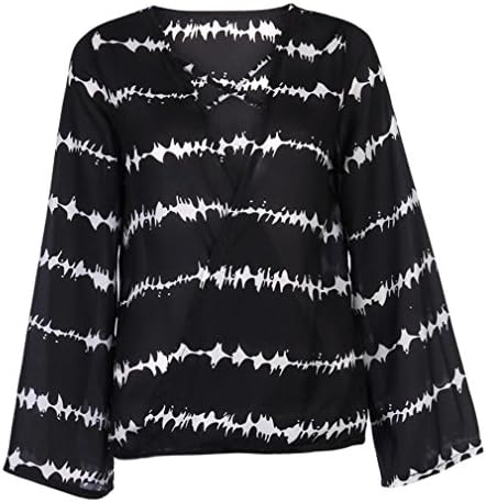 Kangrun Women Tops Sexy Wrap Shirt Deep V Neck Strap Cross Jumper Fashion Blouse Chiffon Summer Beach Party Shirt Funny Wave Striped Printed Casual Loose Long Sleeve Vest (Black, 3XL)