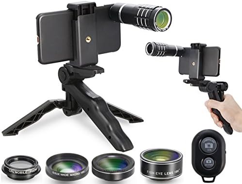 Camera Shutter Remote and Lens Kit for iPhone 6/6s/6plus/6splus/7/7plus - 12x Telephoto / CPL / Fisheye / 2in1 Macro + Wide Angle Lens / Tripod / Tripod Adapter / Hard Case / Universal Clip