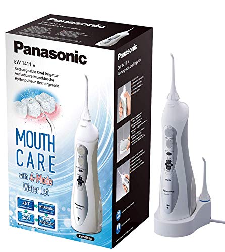Panasonic EW1411H845 - Irrigador Bucal Eléctrico Portátil, Modo AIR IN (Burbujas de Agua), 3 Niveles de Potencia, Recargable, Inalámbrico, para Aparatos Dentales, 1400 Impulsos/min, Ligero, Blanco