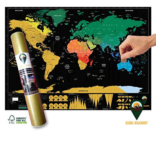 Global Walkabout Planisfero da grattare, con sfondo con bandiere, dimensioni portatili, formato deluxe, con paesi e dati, idea regalo Nero