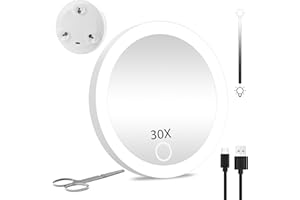 HMGGOOFA 30X Magnifying Mirror with Lights, 4inch Makeup Magnifying Mirror with Lights & Suction Cups, 30X Travel Magnifying Mirror, Lighted 30X Travel Magnification Mirror Compact 30X Pocket Magnifying Mirror