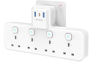 Plug Extension Socket with PD20W USB C Slot, 4 Way Multi Plug Adapter with Independent Switches 3 USB, PASSUS 13A 3250W UK Wall Adaptor Surge Protector for Home, Office, Kitchen, White