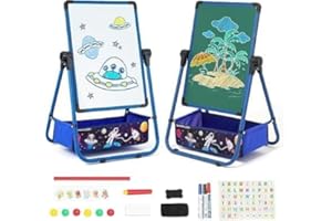 Siairo Kinderstaffelei, Kinder Staffelei Magnetische Kreidetafel & Whiteboard, Höhenverstellbar 29.5inch-44inch, 360 Grad Drehbare Kreidetafel, Geschenk für Kinder, Blau
