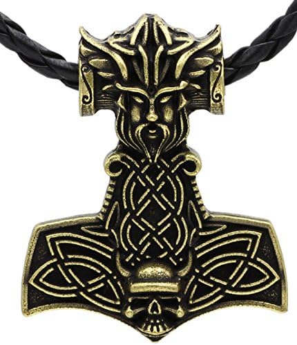 Unique Face Skull Head Viking Pendant Antique Bronze Leather Chain Scandinavian Odin Wolf Thor`s Hammer Knot Raven Mjolnir Pendant Necklace Ladies Men Norse Celtic Nordic Rune Talisman Saxon