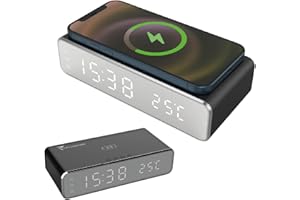 TECHMADE Sveglia Digitale con Ricarica Wireless, Sveglia con Allarme con Timer, Display LED Regolabile Luce notturna, Ricarica per iPhone, Samsung, Huawei e Altri (Black)