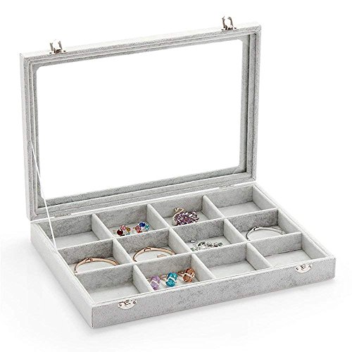 Lavcus Porta Gioielli - Portagioie Donna Grigio a 12 Scomparti Cofanetto Portagioie con Fodera in Velluto e Coperchio in Vetro- Scatola Porta Anelli per Gemelli, Ciondoli e Orecchini, 35,2x24,2x4,7cm